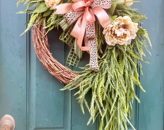 Custom Grapevine Wreath with Peach Flowers & Designer Ribbon | Saw Grass Greenery Door Wreath