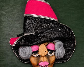 Broomhilda Witch Wreath Attachment | Handmade Hand-Painted Halloween Witch Door Hanger | Pink & Black Witch Decor |m
