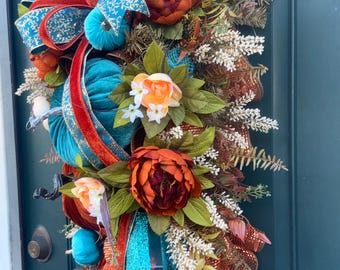 Teal and Amber Fall Teardrop Swag: Velvet Pumpkins, Jewels, 36 Inch