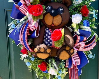 Beary Patriotic Wreath, Americana Front Door Decor, 4th of July Teddy Bear Wreath, Red White Blue Floral Wreath, Summer Door Hanger