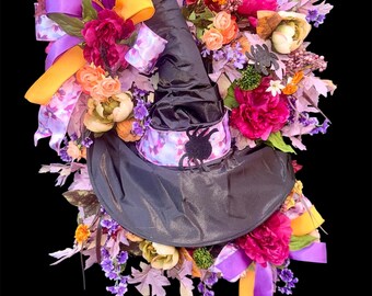 Whimsical Witch Hat Halloween Wreath: Colorful Fall Door Decor