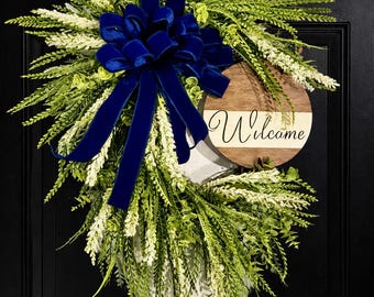 Welcome Door Hanger with Greenery, Front Door Swag with Blue Bow, Farmhouse Welcome Sign, Everyday Door Decor