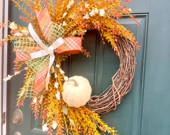 Handmade Fall Pumpkin Grapevine Wreath with Plaid Bow