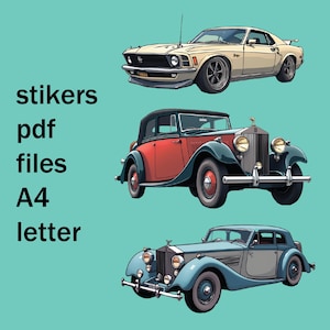 Stickers retro auto's. Autostickers. Mooie ouderwetse auto's. Bestanden pdf, formaat a4, letter.
