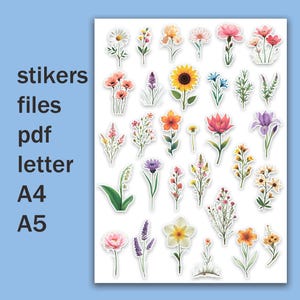 Pegatinas de flores silvestres. Pegatinas de flores. Pegatinas para agenda y semanario. Archivo pdf de flores. Formato carta, a4, a5.