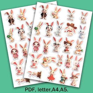 Pegatinas de conejitos. Bonitas pegatinas de conejitos para niños. Pegatinas para diario, planificador semanal. Archivos PDF, tamaño carta, A4, A5.