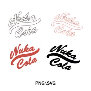 May include: Four variations of the "Nuka Cola" logo in different colors. The top left is a black outline, the top right is a light red outline, the bottom left is red, and the bottom right is black. The text "PNG SVG" is at the bottom.