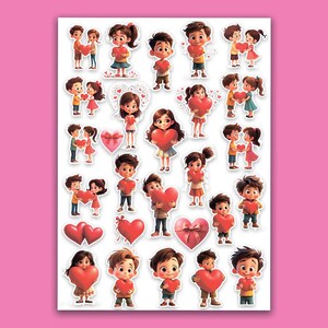 Pegatinas para San Valentín, amor, niño, niña, corazón, archivo pdf. Carta, A4, A5.