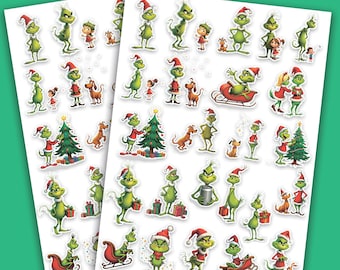 Christmas Grinch Stickers.Digital stickers for planners and diaries. Children's stickers. Christmas mood. A5,A4,Letter.PDF digital product