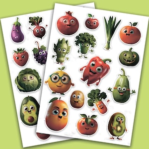Pegatinas divertidas de frutas y verduras. Verduras infantiles. Archivos PDF, tamaño A4, carta.