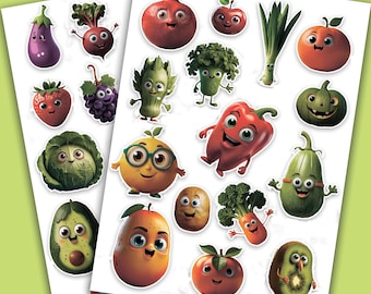Funny Fruits & Vegetables Stickers, Children's Stickers (PDF Files)