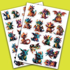 Pegatinas de dragones pequeños y lindos, dragones de juguete, dragones A4, A5, Carta. 2 páginas
