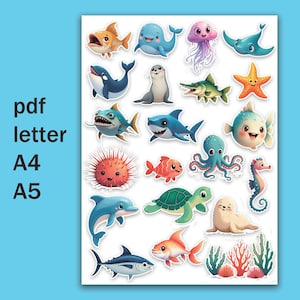Pegatinas del mundo marino. Peces y habitantes del mar, pegatinas para agenda y planificador semanal. Archivos PDF, formato a4, a5, carta.