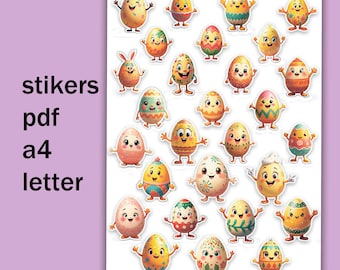Easter Egg Stickers, Painted Eggs, Cute Kawaii (PDF file A4, letter)