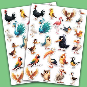 Pegatinas de pájaros, pájaros salvajes, pájaros del bosque, pájaros de fantasía. Formato carta, a4, a5.