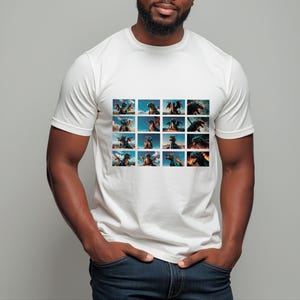 Puede incluir: Una camiseta blanca con un estampado gráfico de un dragón en varias poses. El dragón es verde y azul con llamas naranjas.