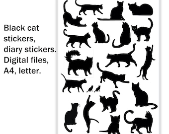 Black cat stickers, diary stickers. Digital files, A4, letter.