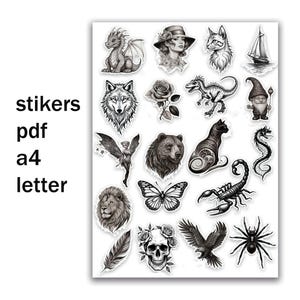 Pegatinas para tatuajes. Set de pegatinas para tatuajes. Pegatinas en blanco y negro. Preciosas pegatinas en blanco y negro. Archivo PDF, formato carta, A4.