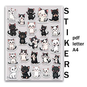 Hoja de pegatinas de gatitos para diario semanal para niñas, pegatinas divertidas de gatitos en blanco y negro PDF, A4, Carta.