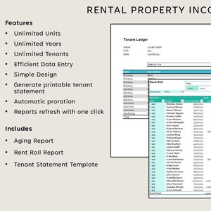 Puede incluir: Una captura de pantalla de una pantalla de computadora que muestra un programa de hoja de cálculo con una lista de inquilinos y sus pagos de alquiler. La hoja de cálculo se titula "Rent Roll" y tiene columnas para el nombre del inquilino, el número de la unidad, el monto del alquiler y la fecha de pago. La hoja de cálculo también incluye una barra de búsqueda y una opción de filtro. La imagen también muestra una ventana más pequeña titulada "Tenant Ledger" con un formulario para ingresar la información del inquilino.