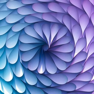 May include: A swirling pattern of blue and purple paper, creating a spiral effect. The paper is folded into teardrop shapes, creating a textured and abstract design.