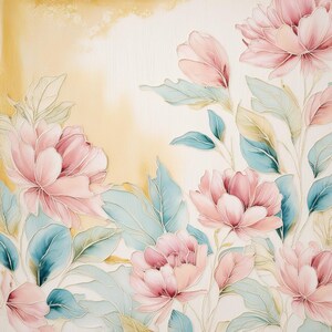 Pode incluir: Uma pintura em aquarela de flores cor-de-rosa com folhas verde-azuladas sobre um fundo amarelo claro.