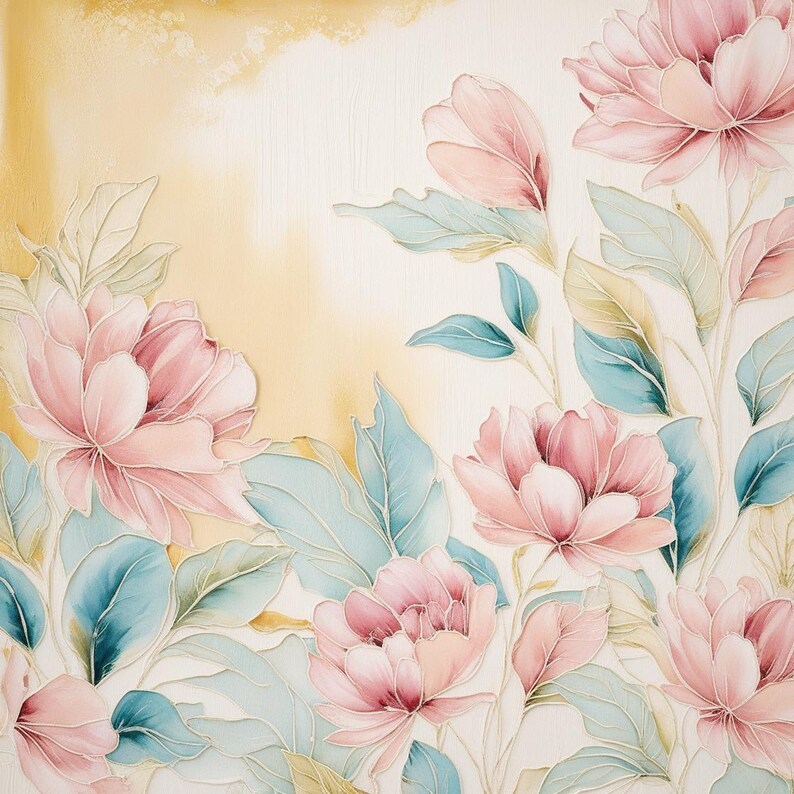 Pode incluir: Uma pintura em aquarela de flores cor-de-rosa com folhas verde-azuladas sobre um fundo amarelo claro.