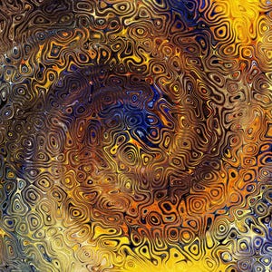 May include: Abstract digital art with swirling patterns in shades of blue, yellow, orange, and brown.