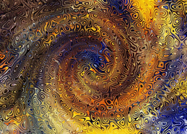 May include: Abstract digital art with swirling patterns in shades of blue, yellow, orange, and brown.