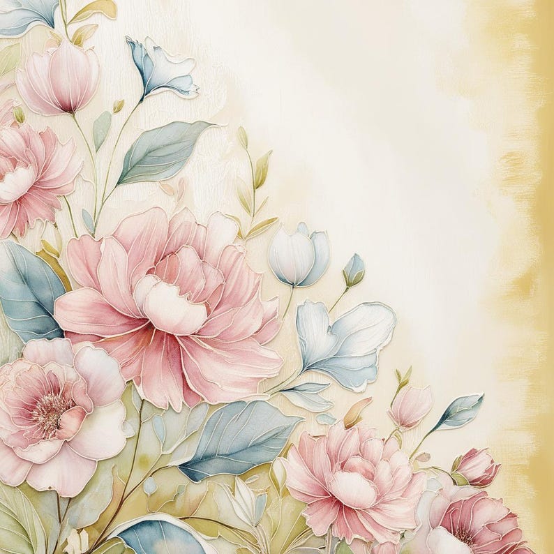 Pode incluir: Uma pintura em aquarela de flores rosa e azuis com folhas verdes sobre um fundo amarelo claro.