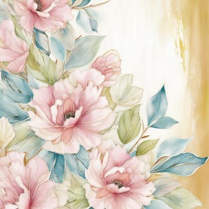 Pode incluir: Uma pintura em aquarela de flores cor-de-rosa com folhas verdes e um fundo azul claro.