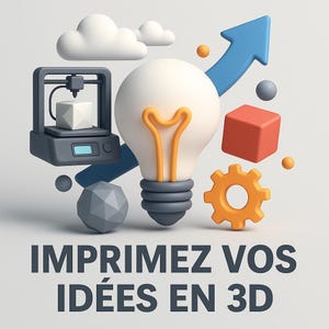 Peut inclure: Illustration 3D avec une ampoule, un engrenage, une flèche, un cube et une imprimante 3D. Le texte "IMPRIMEZ VOS IDÉES EN 3D" est affiché en bas. Fond blanc, style cartoon.
