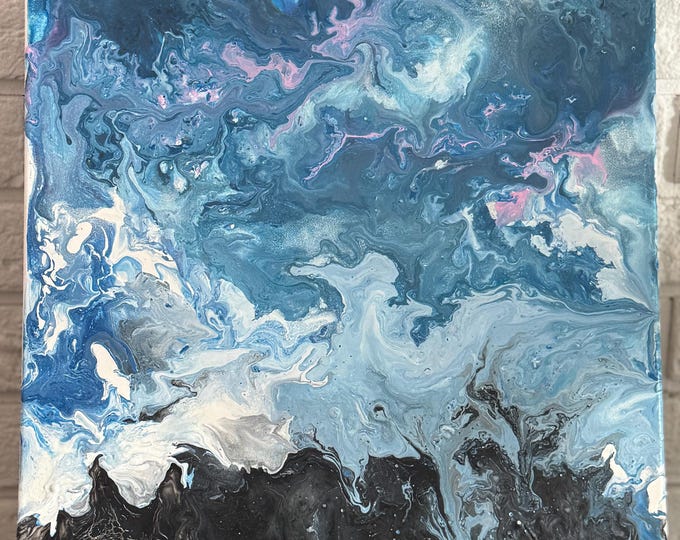 Ocean Abstract Wall Art – Blue and Black Beach Painting – Original Acrylic Pour Canvas – Coastal Wall Decor – Ocean Waves Artwork
