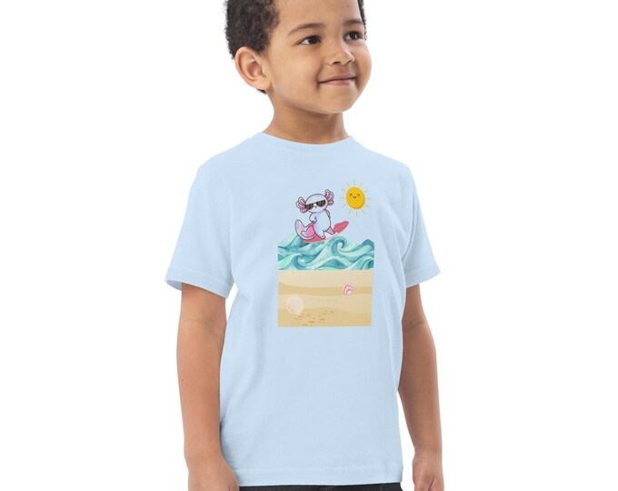 Surfing Axelot Kids T-Shirt – Cute Summer Beach Shirt for Toddlers (Ages 2–5) – Fun Ocean Animal Tee Gift Idea