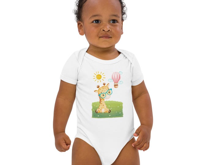 Organic cotton baby bodysuit Baby Giraffe Cute Animal Tee with Balloon Fun Kids bodysuit Gift for Animal Lovers Toddler & Mom Matching Shirt
