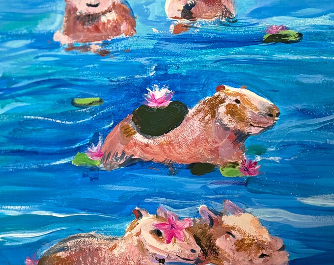 Capybara Art Print – Whimsical Capybaras Swimming in Lilies – Cute Animal Wall Art for Kids & Nature Lovers