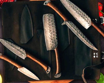 Handmade Damascus Steel Chef Knife Set: Forged Kitchen Knives, Wooden Handle