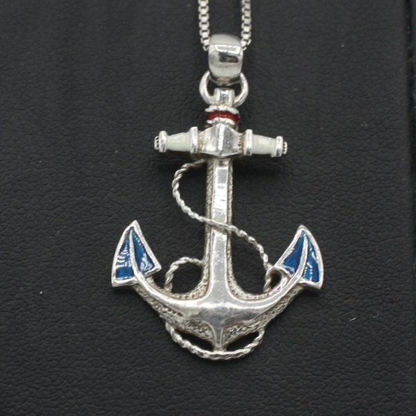 Enameled Sterling Silver Anchor Pendant Necklace Nautical Jewelry