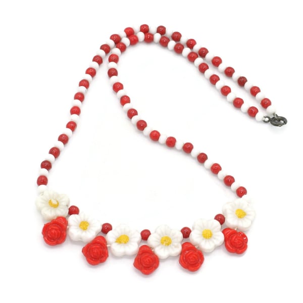 Red and White Flower Bead Necklace Czech Bohemian 1920s 1930s Summer Jewelry