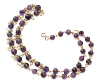 Vintage Amethyst & Pearl Cluster Necklace - 14K Gold Filled Chain