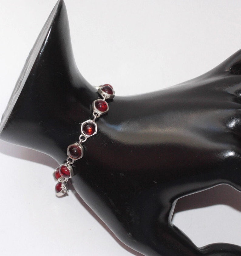 Amber and Sterling Silver Link Bracelet Hexagonal Links Small Cabochons Vintage