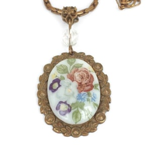 Vintage Floral Porcelain Pendant Necklace Stamped Brass Setting Czech Vintage Pendant Necklace