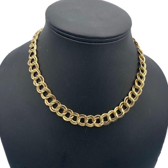 Double Link Curb Chain Necklace Shiny Gold Tone V… - image 1