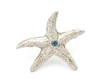 Sterling Silver Starfish Tac Pin Sapphire Accent Double Clutch Signed Jewelry Ocean Life