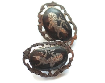 Siam Sterling Niello Enamel Oval Earrings: Goddess of Lightning Figure