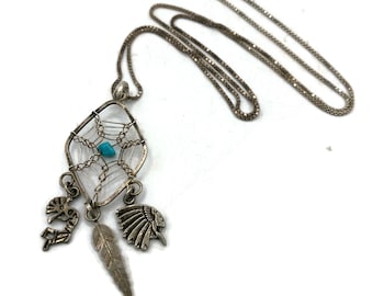 Sterling Silver Dreamcatcher Necklace: Turquoise, Kokopelli, Feather Charms