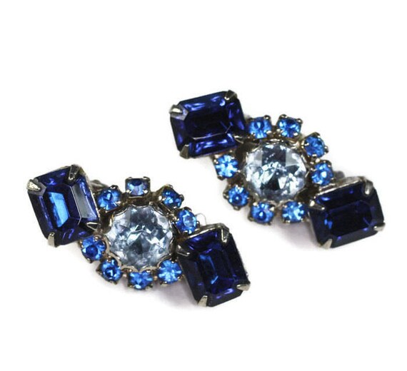 Three Shades of Blue Rhinestone Earrings Dark and… - image 2