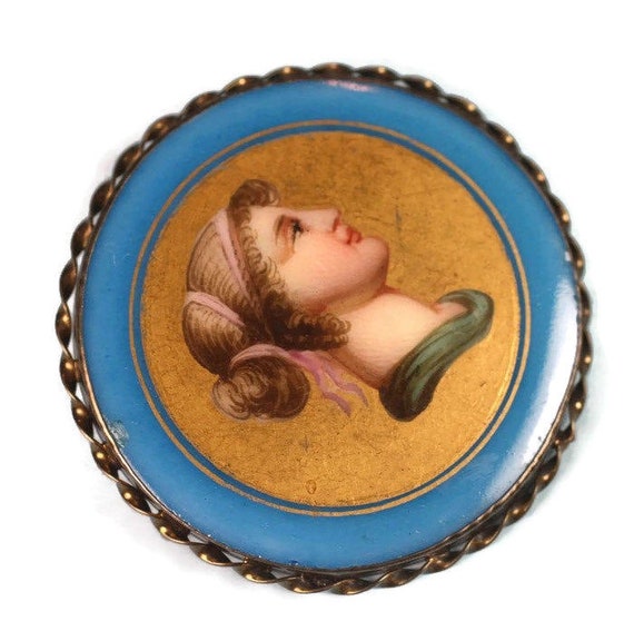 Antique Victorian Era Woman Hand Painted Pin Porc… - image 2