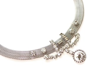 Silver Mesh Choker Necklace Clear Rhinestones  Bridal Necklace Vintage