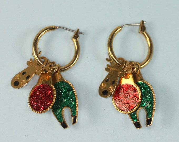 Vintage Reindeer Dangle Earrings Glitter Movable Pierced Etsy